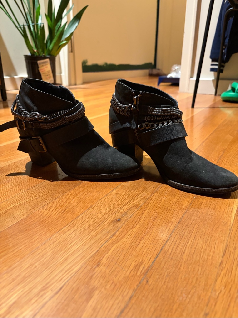 Dolce Vita Yazmina Black Suede Ankle Booties with Chain and Buckle Trim